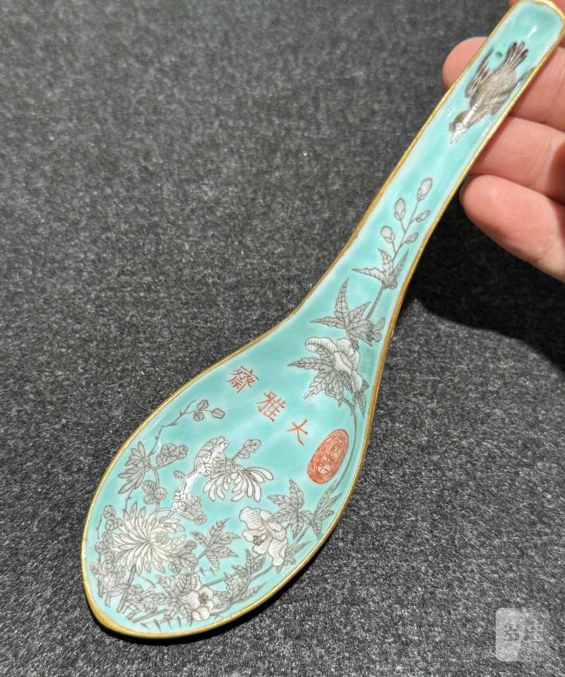 清光绪 绿地墨彩芙蓉花纹勺一对 - 图3